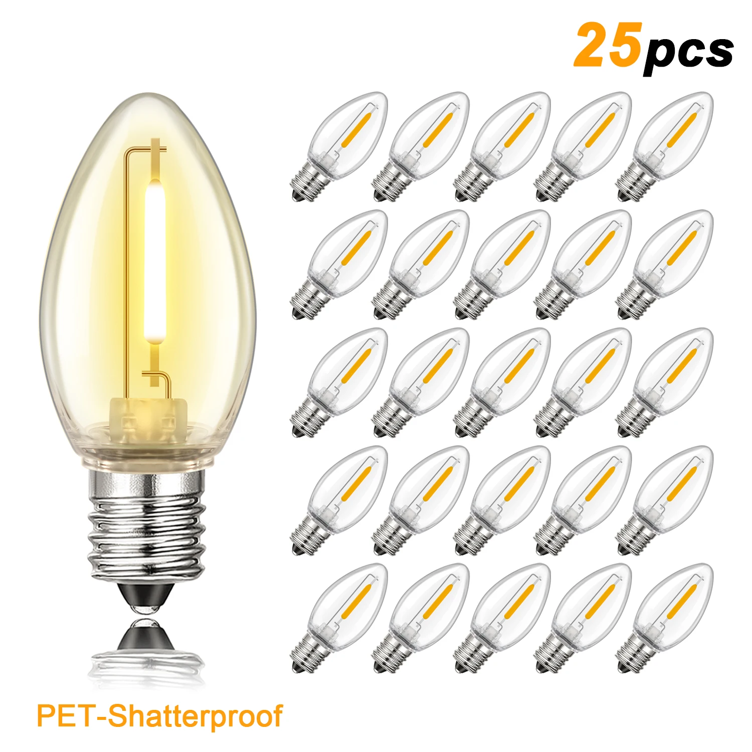 25PCS C7 1W Shatterproof Plastic Led Light Bulbs E12 Equal to 7W Incandescent Decor Bulb For Outdoor String Light Replace Bulbs