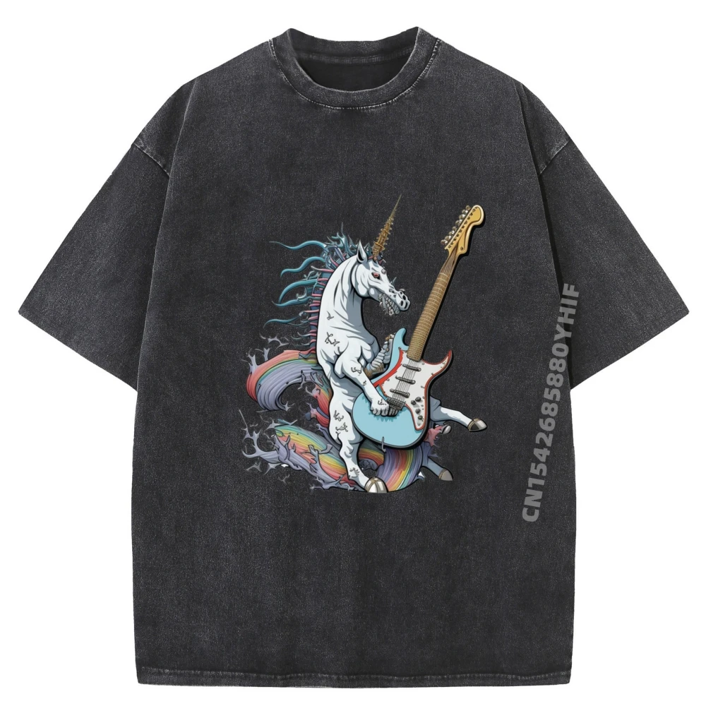 

Unicorn Playing Guitar Summer Comfortable Streetwear Printed Tops & Tees Retro Washed T Shirts Graphic T Shirt