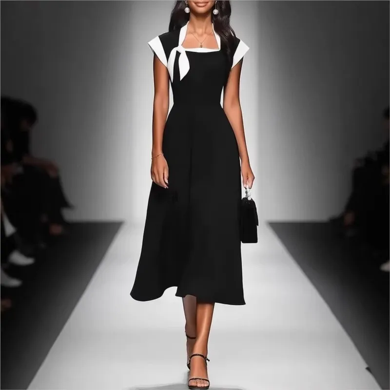 

Elegant Business Women's Dresses 2026 Square Collar Short Sleeve Bowknot Contrast Color Patchwork Slim Party Dress Office Lady