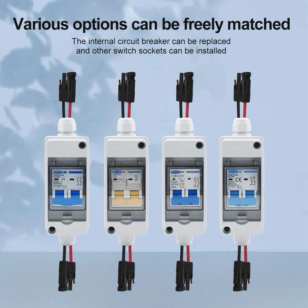 TOMZN IP65 Waterproof PV Combiner Box 2-Way MCB 1 In 1 Out DC with Matching Wires HT Rated