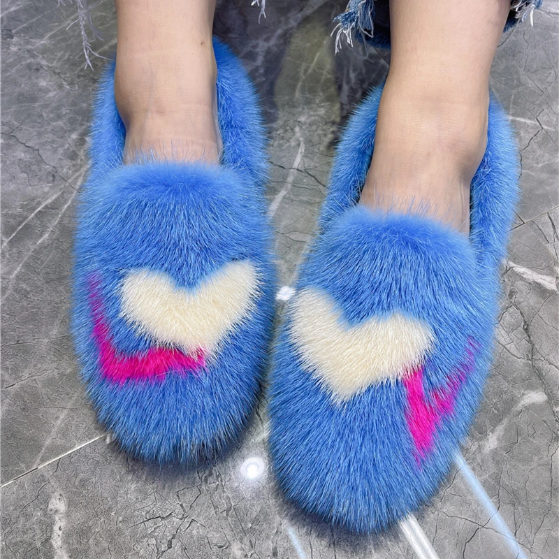 Loving Heart Mink Fur Women Flats Casual Cute Loafers Espadrilles Winter Warm Fur Flat Shoes Walking Driving Chaussure Femme