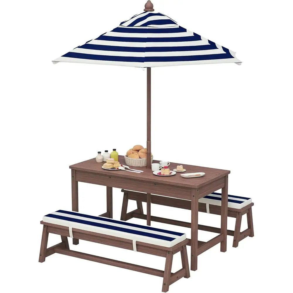 Qaba Kids Picnic Table, Outdoor Wooden Table & Bench Set with Cushions and Umbrella, Children Backyard urniture or Patio, Garden