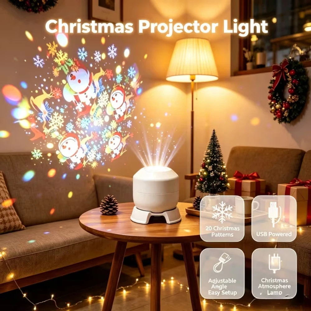 Rechargeable Christmas Projector Night Lights Snowflake Ocean Projection Lamp Spotlight for Navidad Gifts New Year 2027 Decor
