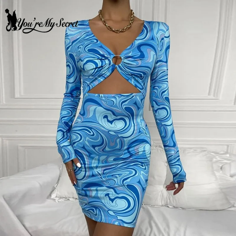 Women Sexy Long Sleeve Leopard Print Hollow Out Slim Cut Out Backless Party Mini Dress Vestidos 2024 Summer