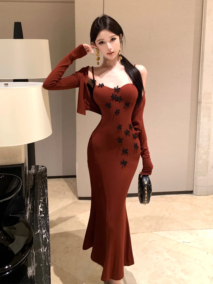 Retro Strap Splice Fish Tail over Knee Belly Covering Long Sleeve Women's Dress Two Piece Set Sexy Style Casual Wear Winter S...