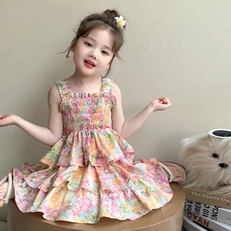 

2025 New Girl's Flower Pattern Folded Design Cotton Strap Multi Layer Cake Skirt