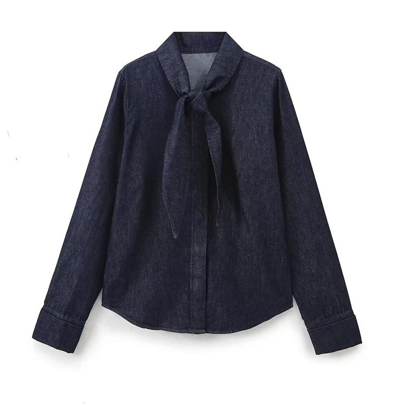 Autumn Women Neck Self Tie Long Sleeve Denim Shirt Long Sleeve High Street Blouse blusas mujer