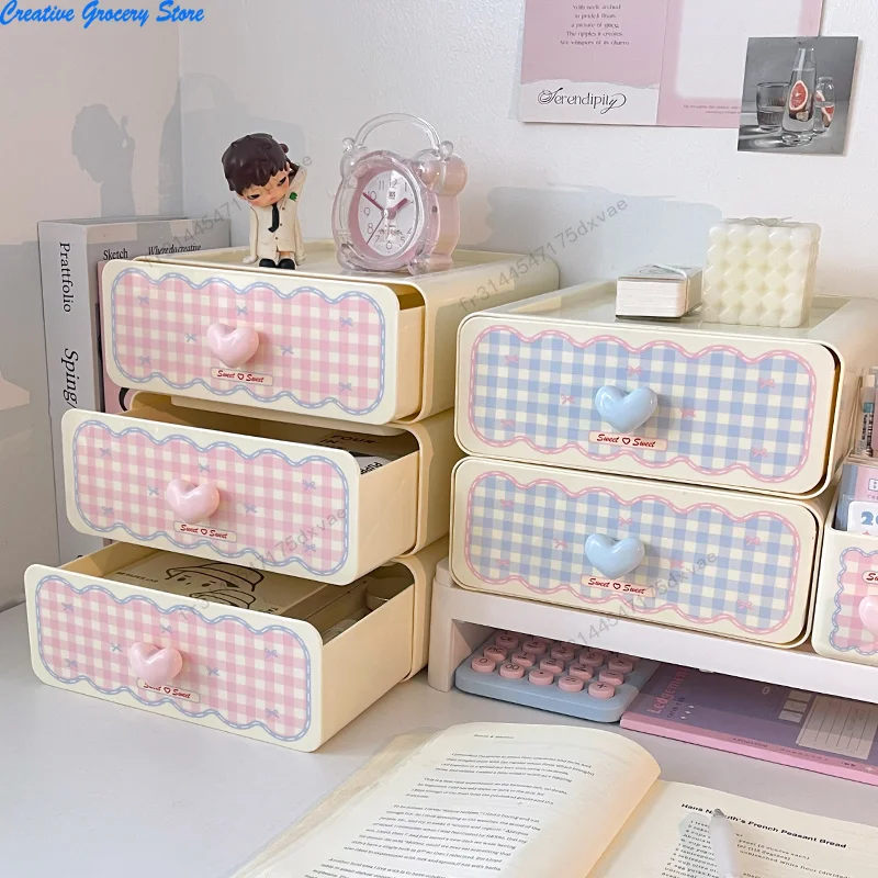 Niedliche Kosmetik-Aufbewahrungsbox mit Schublade für Studentenwohnheim Schreibtischorganisation Schmuck Lippenstift Kleinkram Mehrstöckige Aufbewahrungsbox Mädchengeschenk