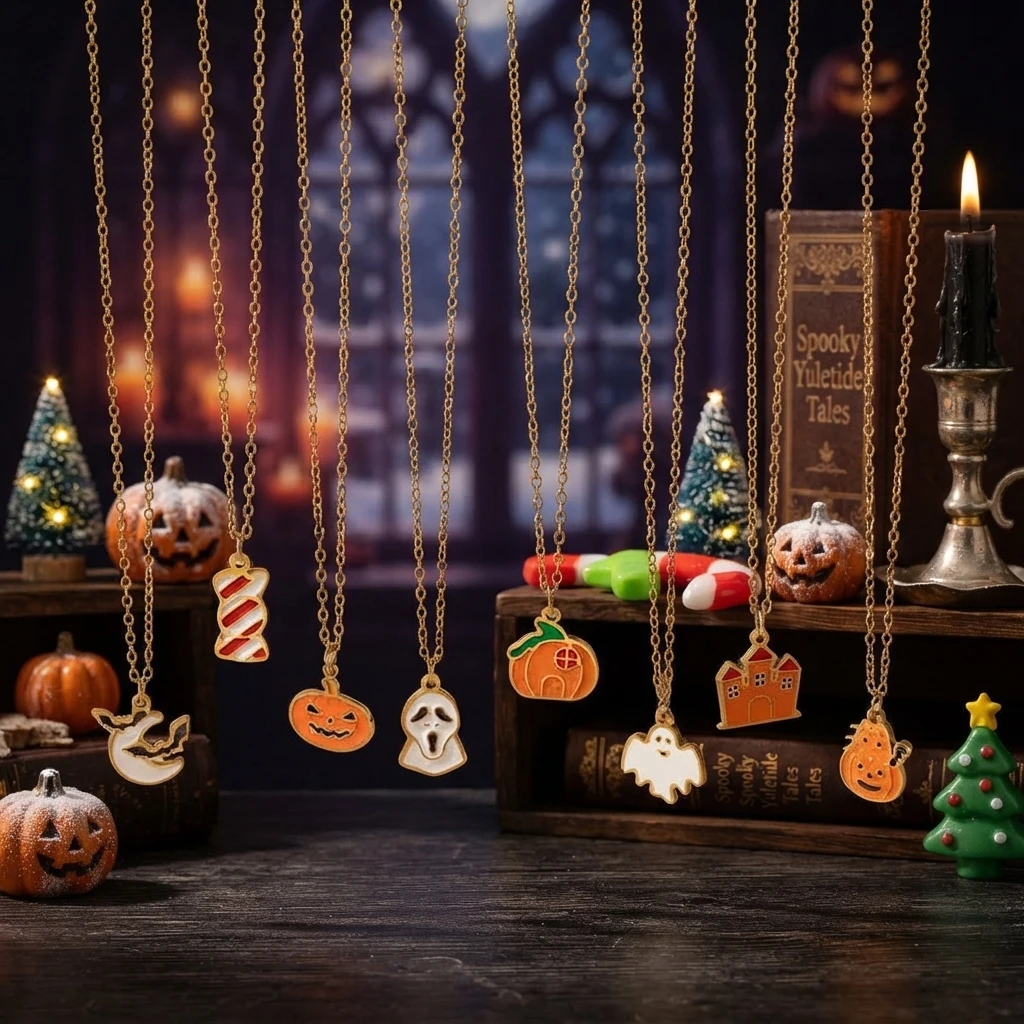 Gold Color Stainless Steel Enamel Cartoon Halloween Necklace, Pumpkin Ghost Haunted House Candy, Women Party Collarbone Pendant