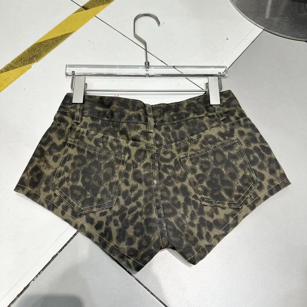 sexy low waist y2k leopard print denim shorts for women