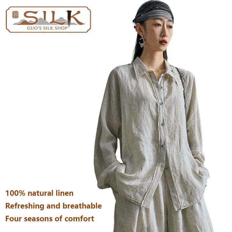 

Natural Pure Linen Women's Shirt - Retro Loose Casual Top - Comfortable Shirt for Outdoor Travel - Spring and Summer