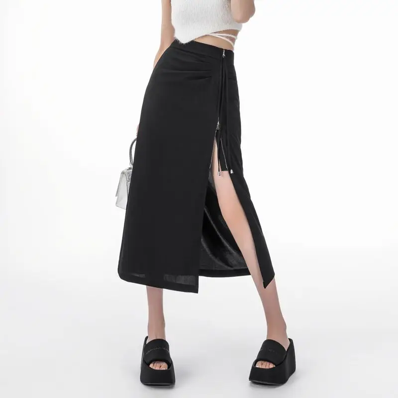 2024 Summer New High Waist Side Zipper Design with Split Fit High End Style Women's Flavor Side Split Half Length Skirt