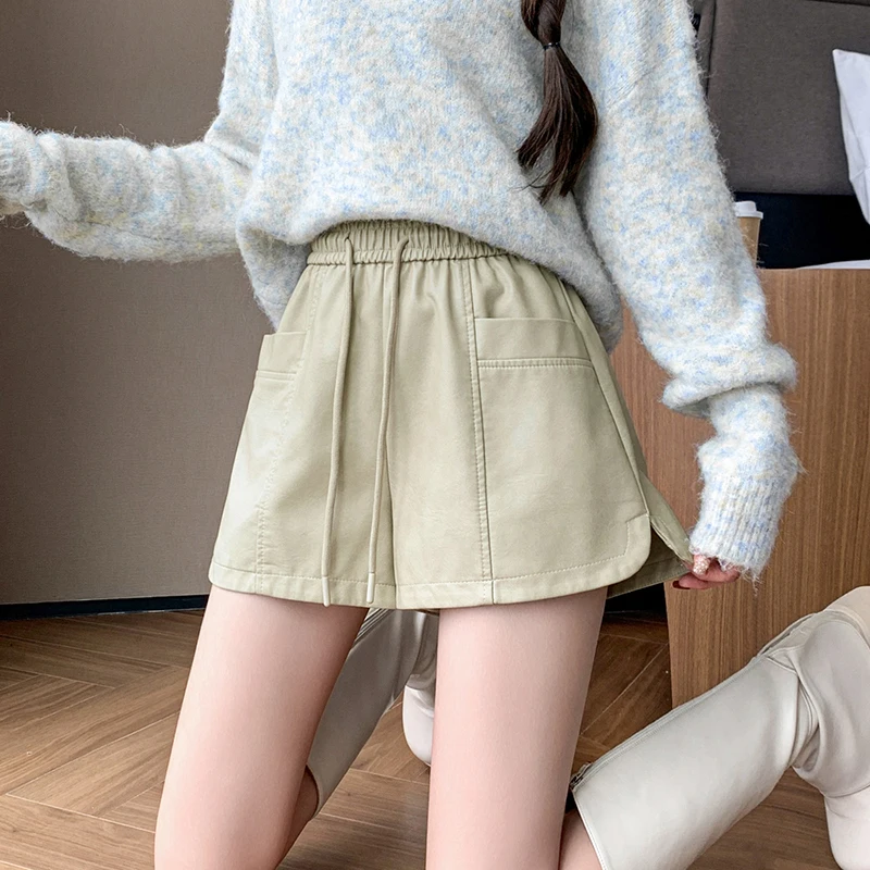 

Streetwear Winter PU Leather Shorts Women Fashion Sexy Wide Leg Loose Shorts Ladies Korean Drawstring Elastic Waist Short Pants
