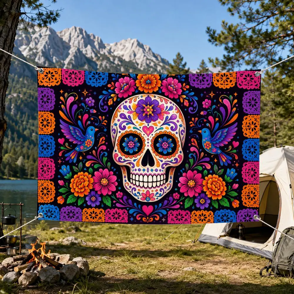 Day of the Dead flag vivid print hang reusable porch yard wall party sugar skull colorful flowers papel picado folk decor Flags