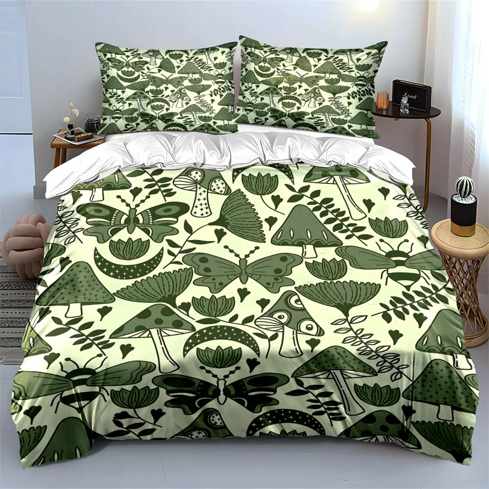 Green butterfly mushroom plant pattern Bedding Set for Kids Luxury Gift 3pcs Digital Print Comforter Set Soft Comfortable
