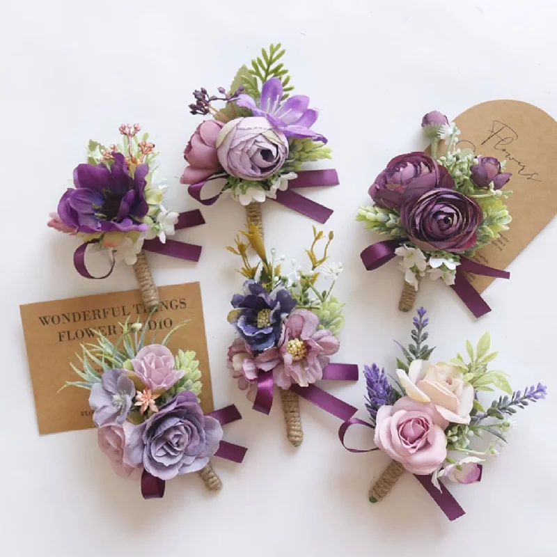 Corpetto da polso e fiore all'occhiello per matrimonio 2438Ramo di fiori da sposa fiore artificiale celebrazione aziendale apertura ospite viola