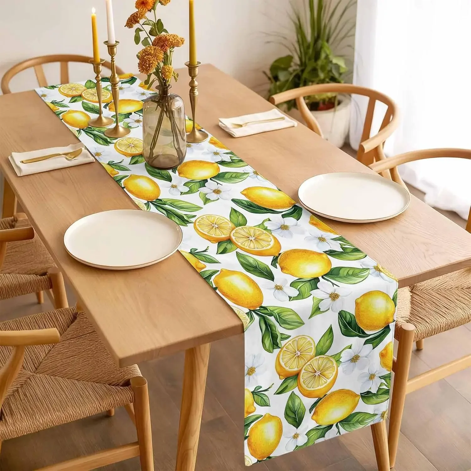 1pc Modern Style Table Runner Yellow Lemon Print Table Cover For Dining Kitchen Party Decoration Tabletop Decor