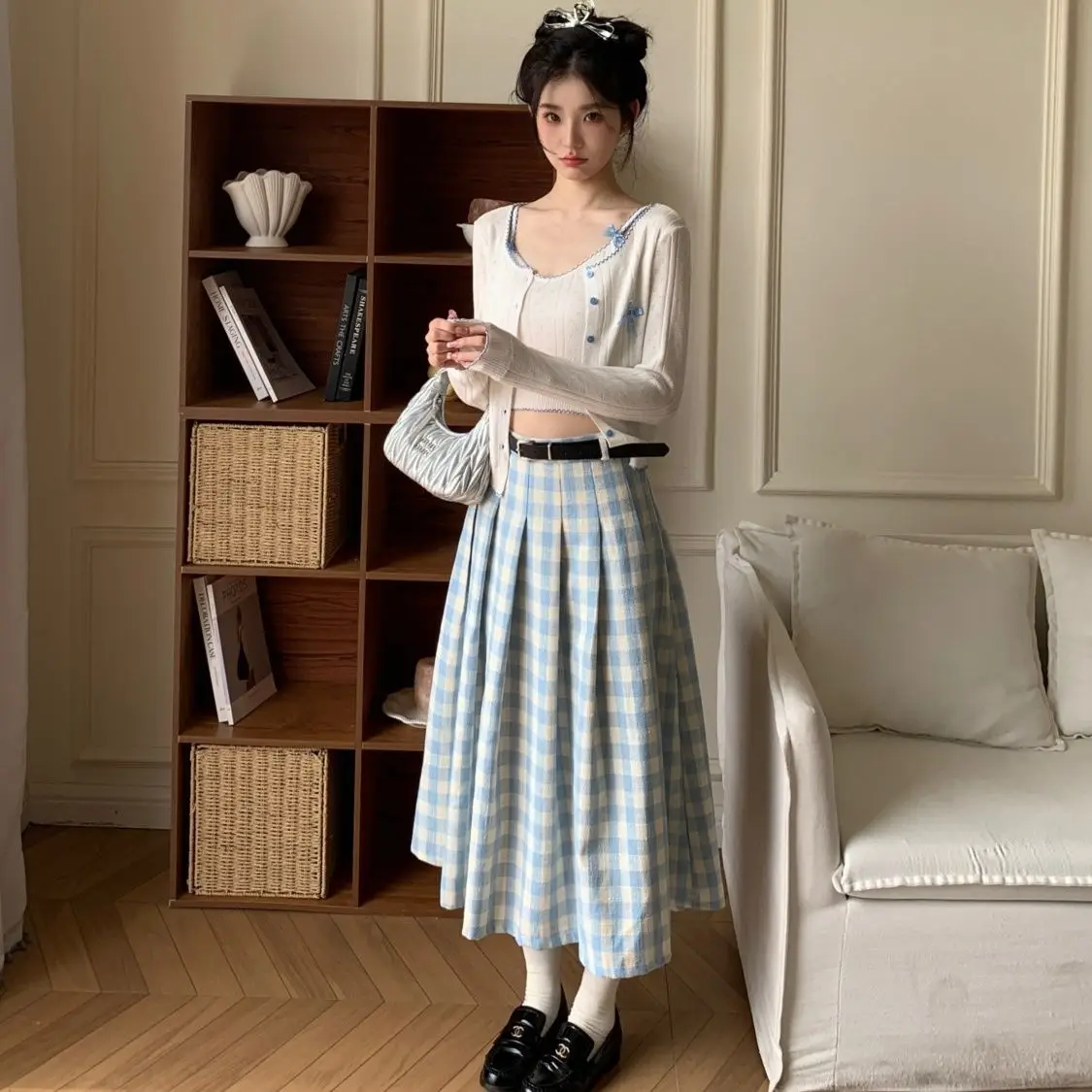 Wedbleser Plaid High Waisted Pleated Skirt Women Spring Summer 2025 Blue Plaid Retro Small Figure Slimming A-line Skirts