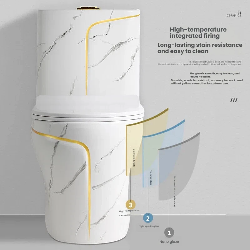 Marble Patterned Golden Thread Flush Toilet Household Large Bore Creative Ceramic Siphonic Toilet Stain Resistant Easy to Clean