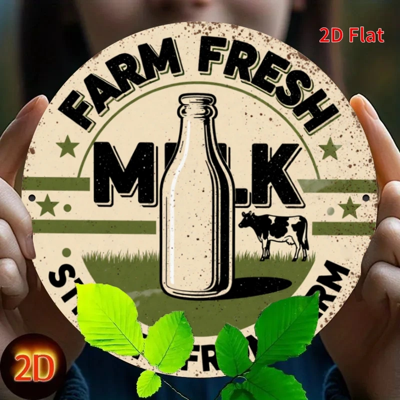 2D Round Farmhouse Metal Tin Sign, Farm Fresh Milk Cow Bottle Pattern Iron Plaque, Rustic Kitchen Dairy Themed Wall Hanging Deco