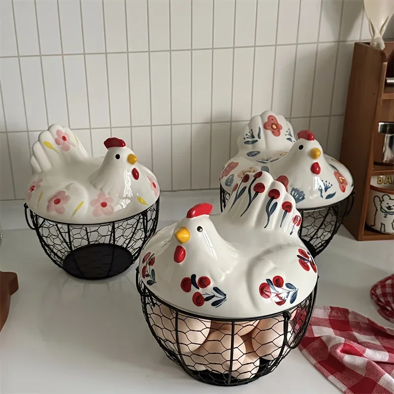 Chicken Design Ceramic Egg Storage Basket Iron Basket Holds 15-20 Eggs Egg Holder Organizer Case Container Egg Basket Holder