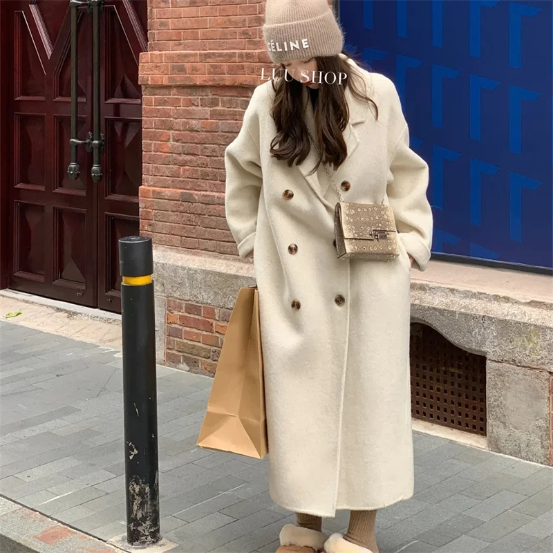 

Women's Woolen Coat Medium Length Loose Thick Autumn Winter New Style Hepburn Style Elegant Small Size Jacket Outerwear
