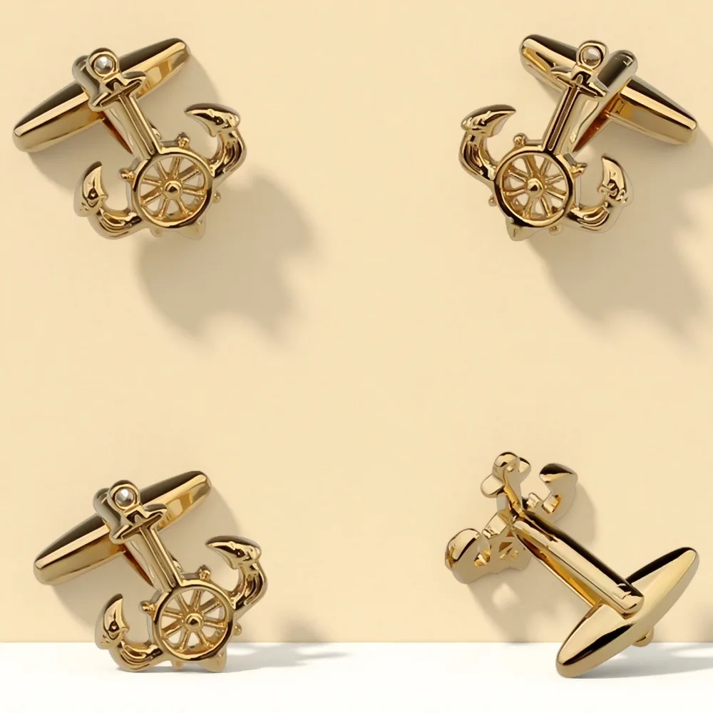 A Pair Gold-Plated Nautical Anchor Wheel Combo Cufflinks Elegant French Shirt Cuff Buttons Perfect
