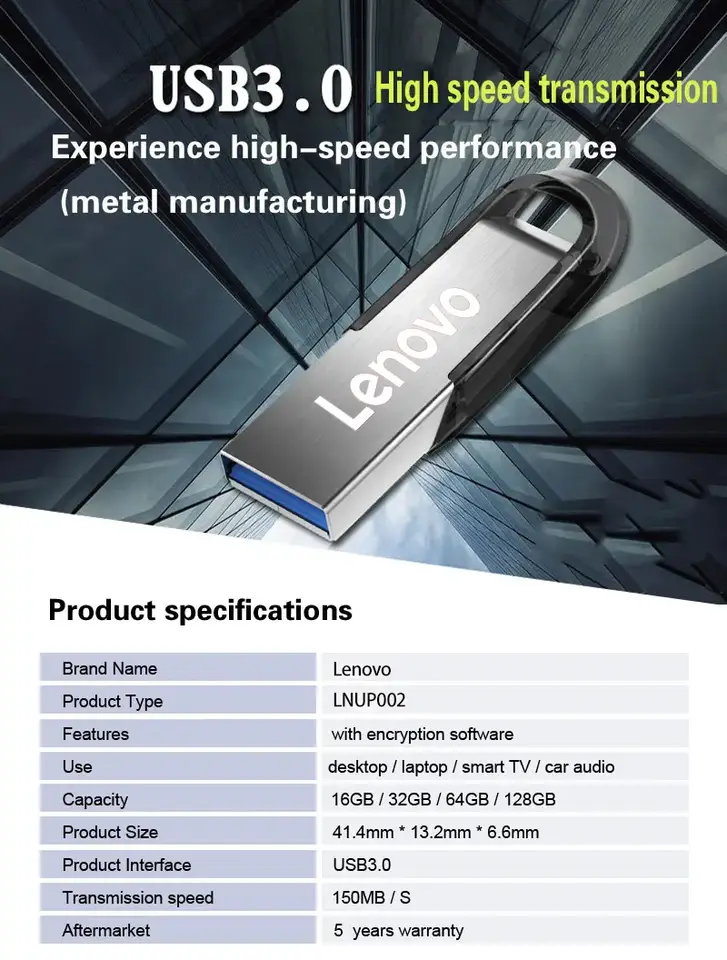لينوفو يو إس بي عالي السرعة فلاش درايف معدني 512GB 256G 128GB ذاكرة محمولة لبطاقة شبكة شاومي USB3.1 - 5
