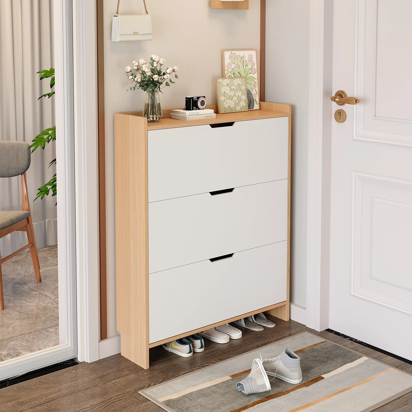 Solid wood ultra-thin tipping bucket shoe cabinet New Chinese-style home door New 2025 popular large-capacity entrance cabinet