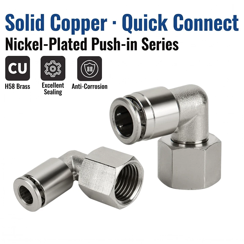 PLF All Copper Nickel Plated Pneumatic Quick Connector L-shaped Internal Thread 1/8 1/4 3/8 PU Air Hose Air Compressor Connector