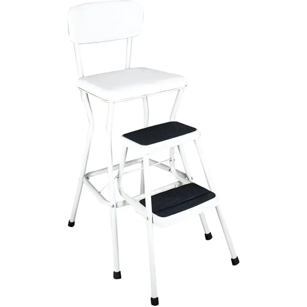

y Stylaire Retro Chair + Step Stool with Flip-Up Vinyl Seat, White