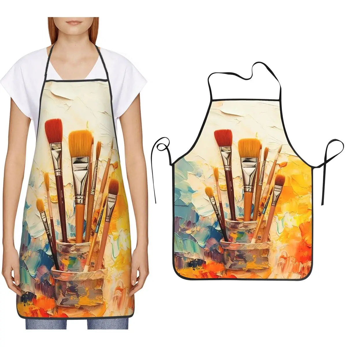 Artistic Paintbrush And Palette Print Aprons Chef Cooking Baking Tablier Bib Kitchen Cleaning Pinafore for Women Men Gardening