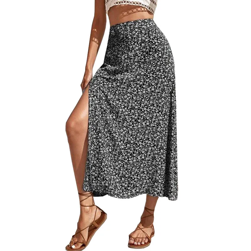 2026 Summer Women New European American Ditsy Floral Side Split A Line High Waist Bodycon Long Skirt Ladies Casual Beach Outfit