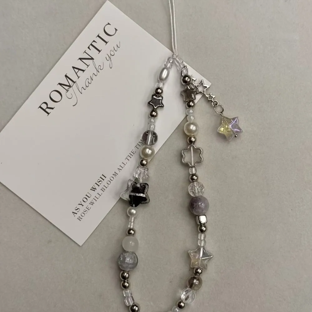 سلسلة هاتف جديدة بتصميم نجمة فضية، هدية مع قلادة لؤلؤية، إكسسوارات وحبل تعليق