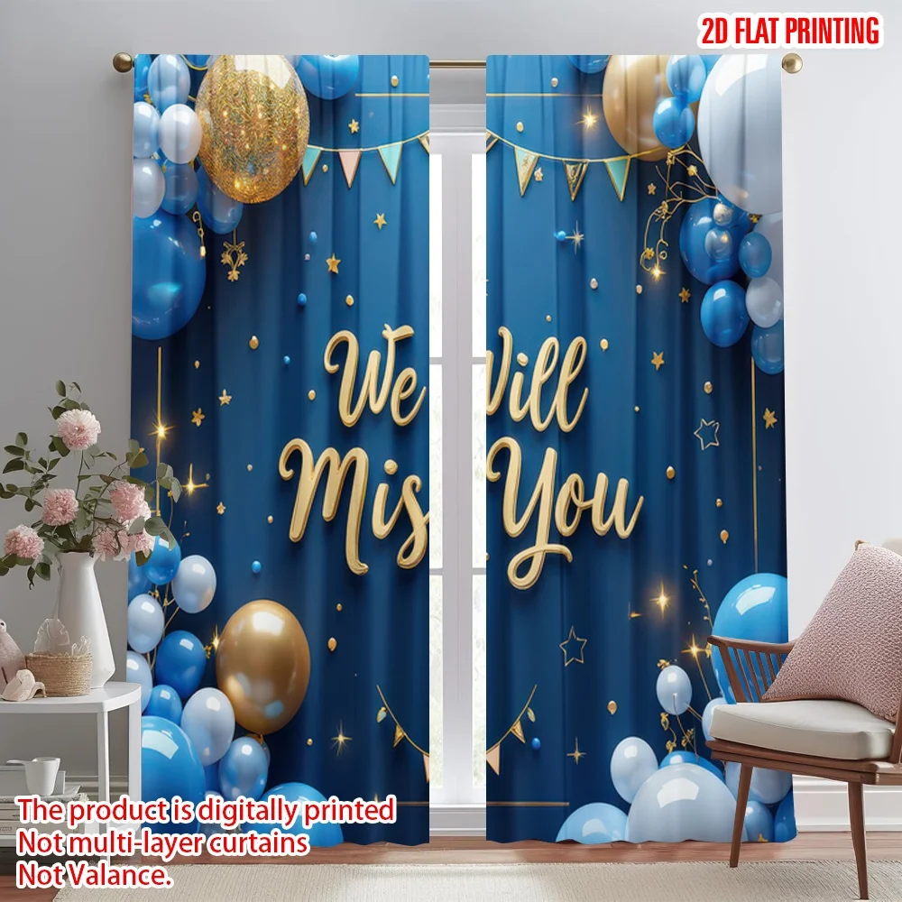 

2D flat printing 2pcs Window Curtains Farewell Celebration Blue Balloons Digital Printed Polyester Drapes All Season Party &