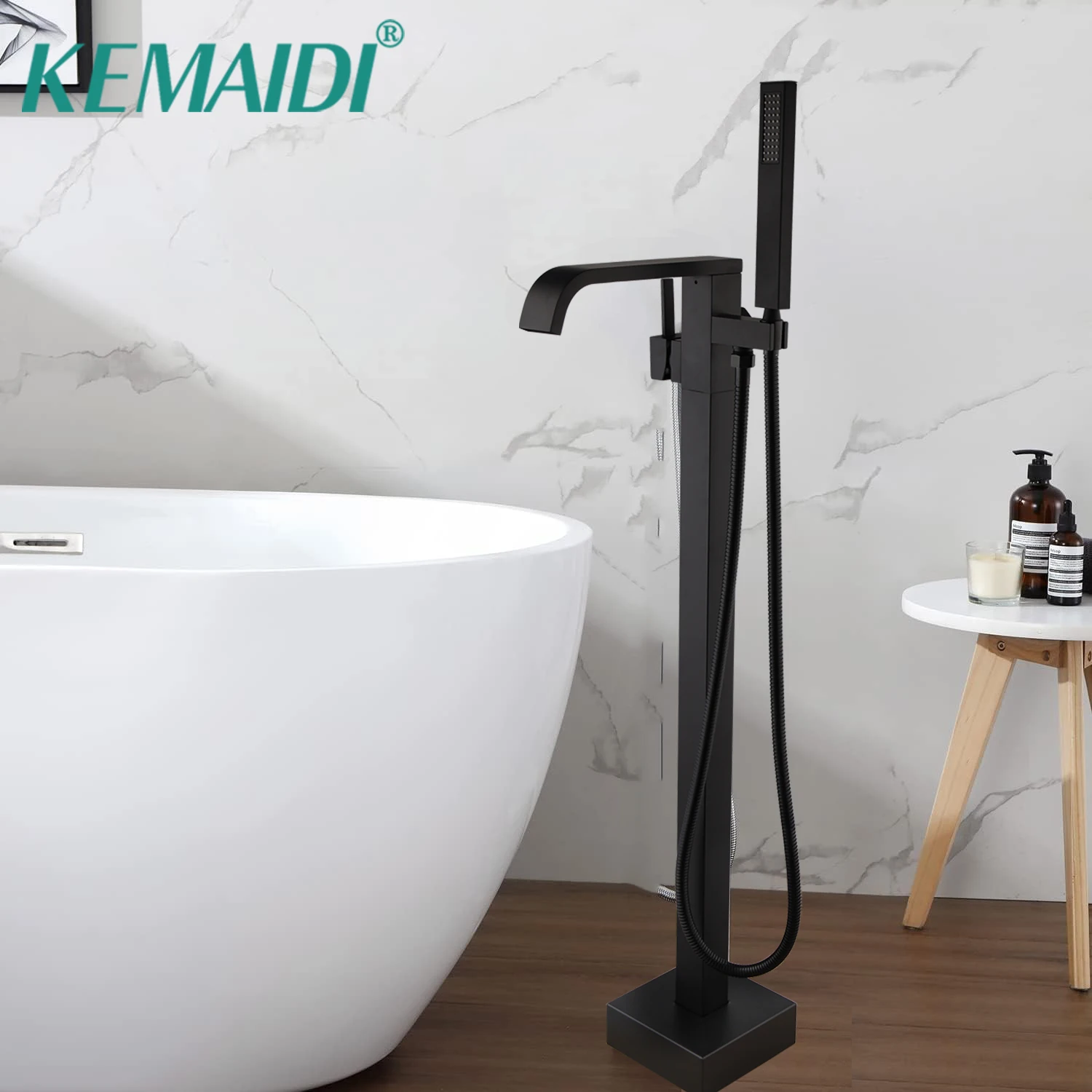 

KEMAIDI Waterfall Freestanding Bathtub Faucet Black Floor Mount Tub Filler Single Handle Brass Tap with Hand Shower Systerm