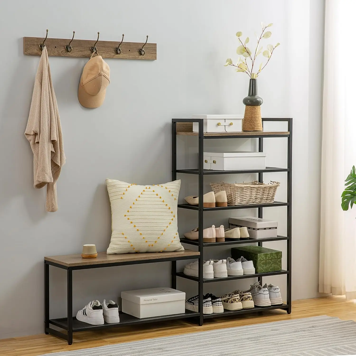 

6-Tier Coat Rack Shoe Bench Set, Entryway Bench with 6 Hooks Coat Rack, Hall Tree with Bench and Shoe Storage for Entryway