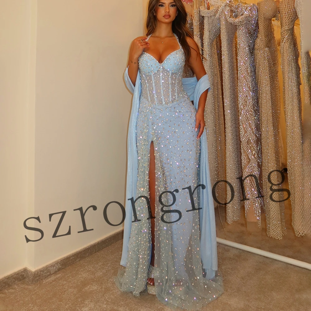Customized Exquisite Sweetheart Collar Beading Evening Party Dresses Backless Strapless Prom Bridal Dress Side Slit