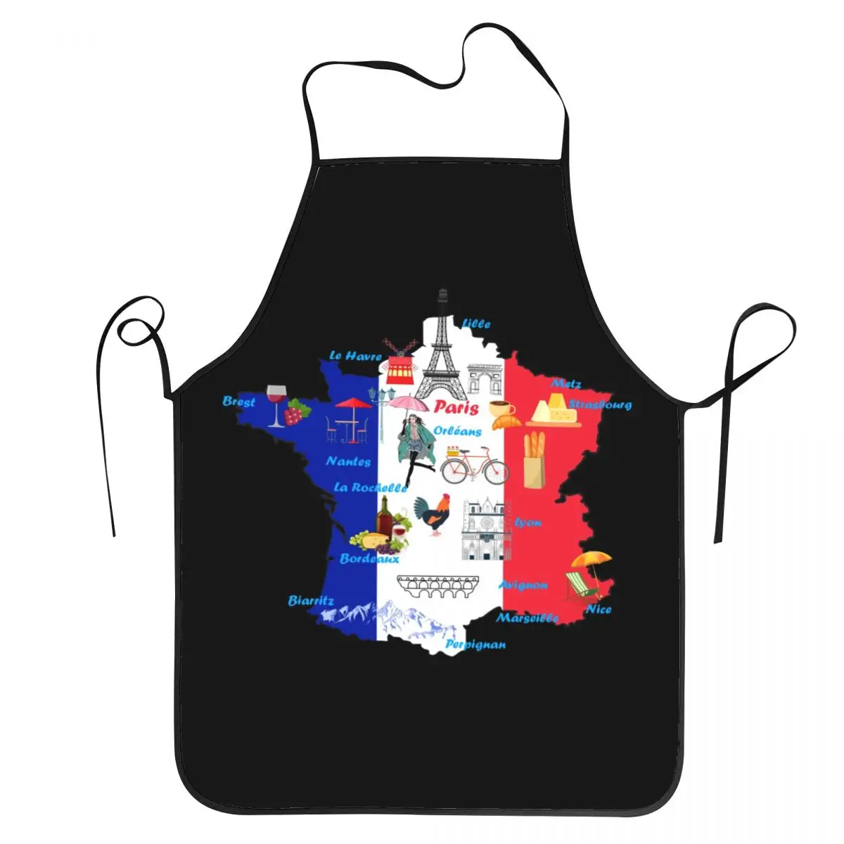 Funny France Map Tourist Attractions Flag Bib Aprons Women Men Unisex Kitchen Chef Tablier Cuisine for Cooking Baking Gardening