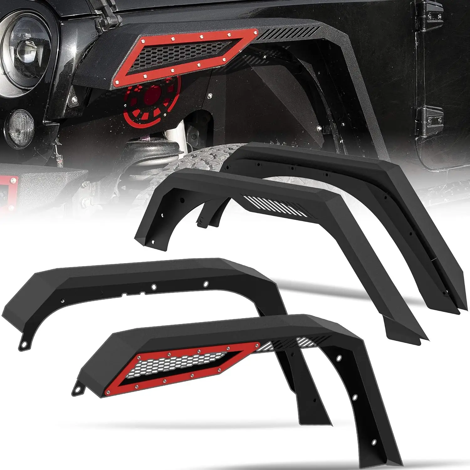 

Front & Rear Fender Flares Compatible with 2007-2018 Jeep Wrangler JK & JKU Unlimited(2-Door & 4-Door), Textured Black and R