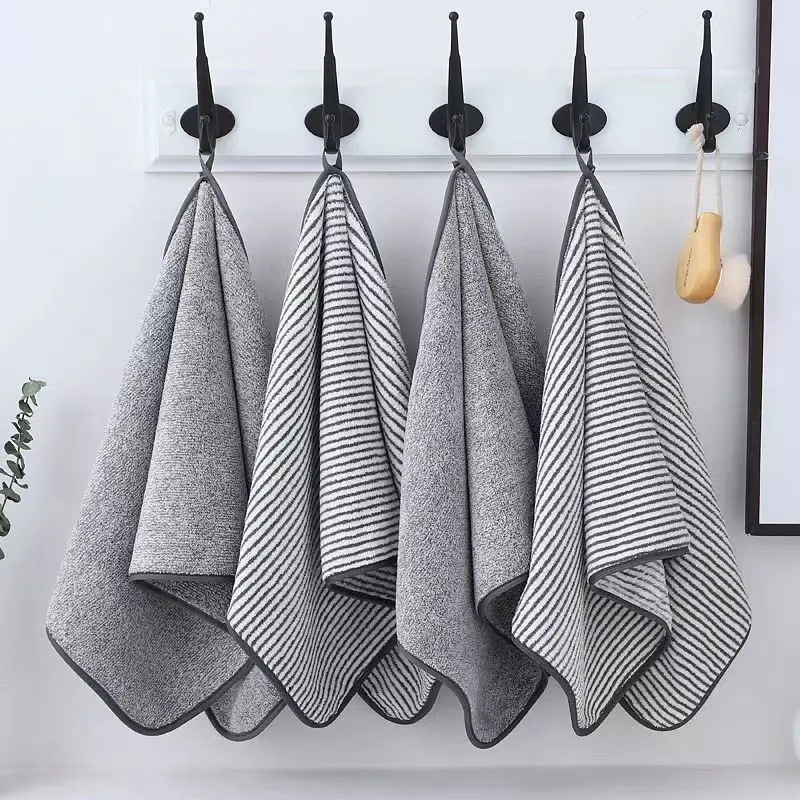 4 Pack Microfiber Hand Towels Set, Grey Striped Solid Color, Ultra Absorbent Soft Quick Dry with Hanging Loop for Bathroom