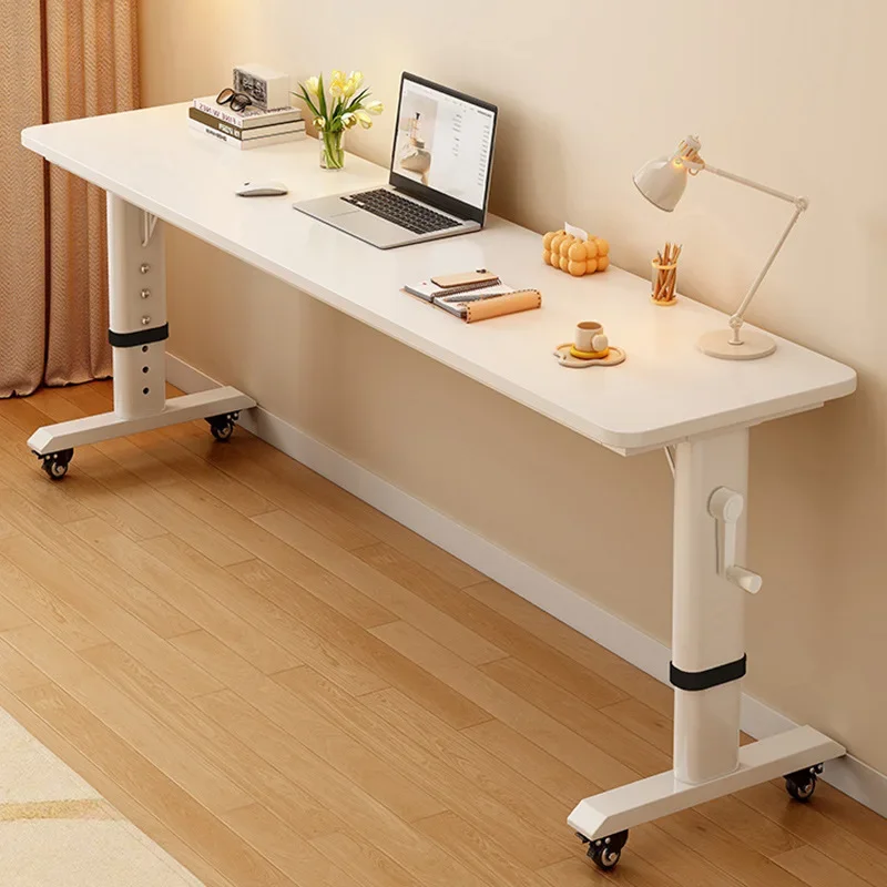 Adjustable Overbed Laptop Desk with Wheels | Bedroom Furniture Rolling Computer Table | Hand Crank Solid Wood Desk