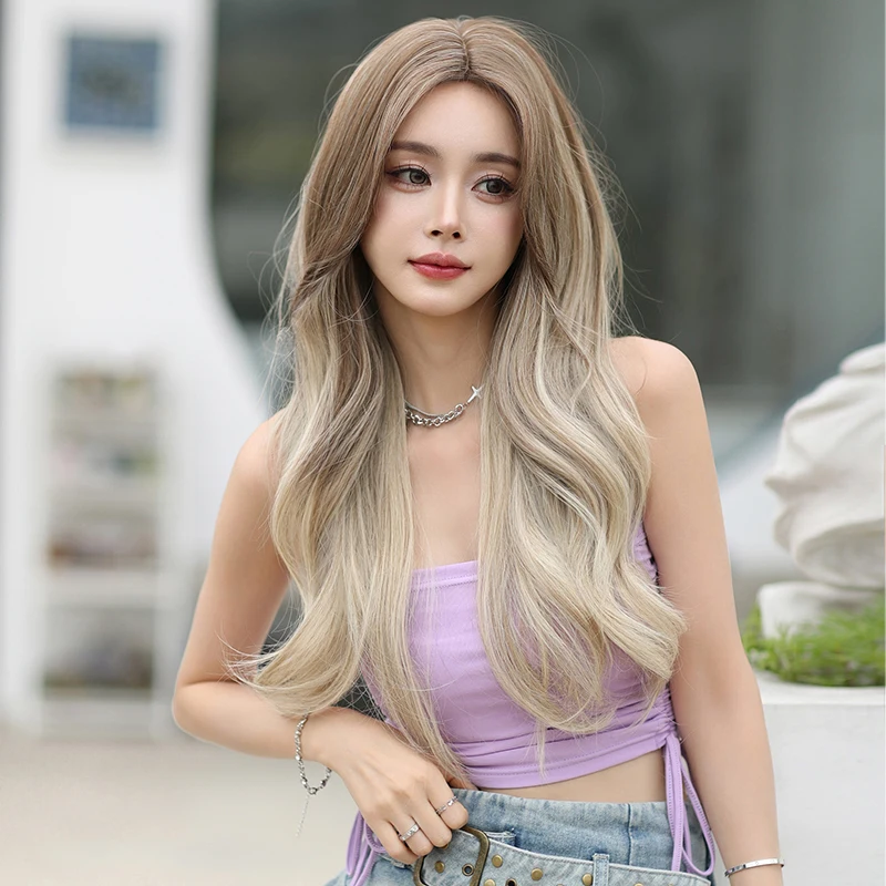 7JHH WIGS Synthetic Middle Part Brown Wig for Women Daily Use High Density Ombre Light Blonde Wig Beginner Friendly Costume Wig