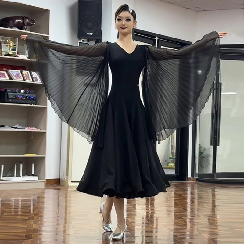 

New Women Ballroom Dance Dress Standard Modern Dancing Outfit Flared Sleeve Black Long Dresses Waltz Performance Clothes AMY2939