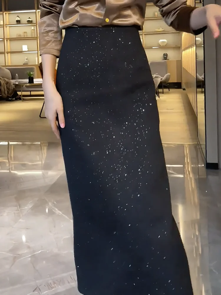 

Элегантная асимметричная юбка Ele Bla для женщин, зима 2024: модный дизайн с пайетками, шерстяная, прямого кроя, для офиса и повседневной носки