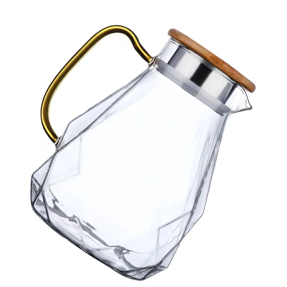 

1Pcs Glass Diamond Cold Water Pitcher Bamboo Lid Large Handle Anti-Drip Spout Easy Water Jug for Home Party