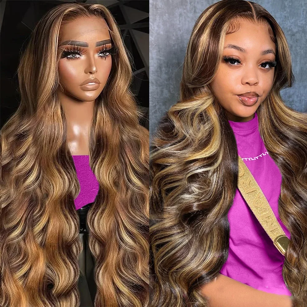 

200% Density 40 Inch Body Wave Highlight 13x6 HD Lace Front Natural Human Hair Wigs Brazilian 4/27 Water Wave Lace Frontal Wigs