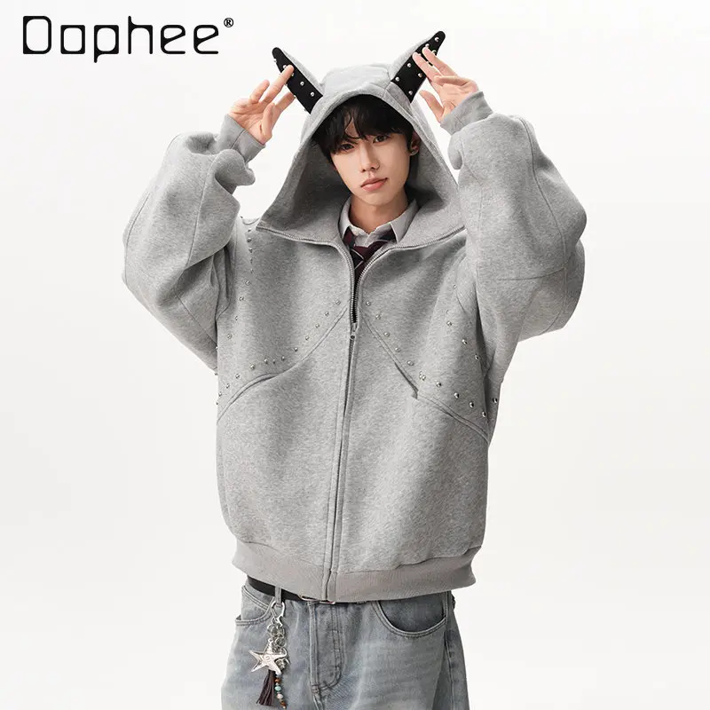 2025 الربيع والخريف نمط جديد برشام المرقعة تصميم الوقوف طوق رمادي هوديي زوجين تنوعا أسود قصير سترة سترة