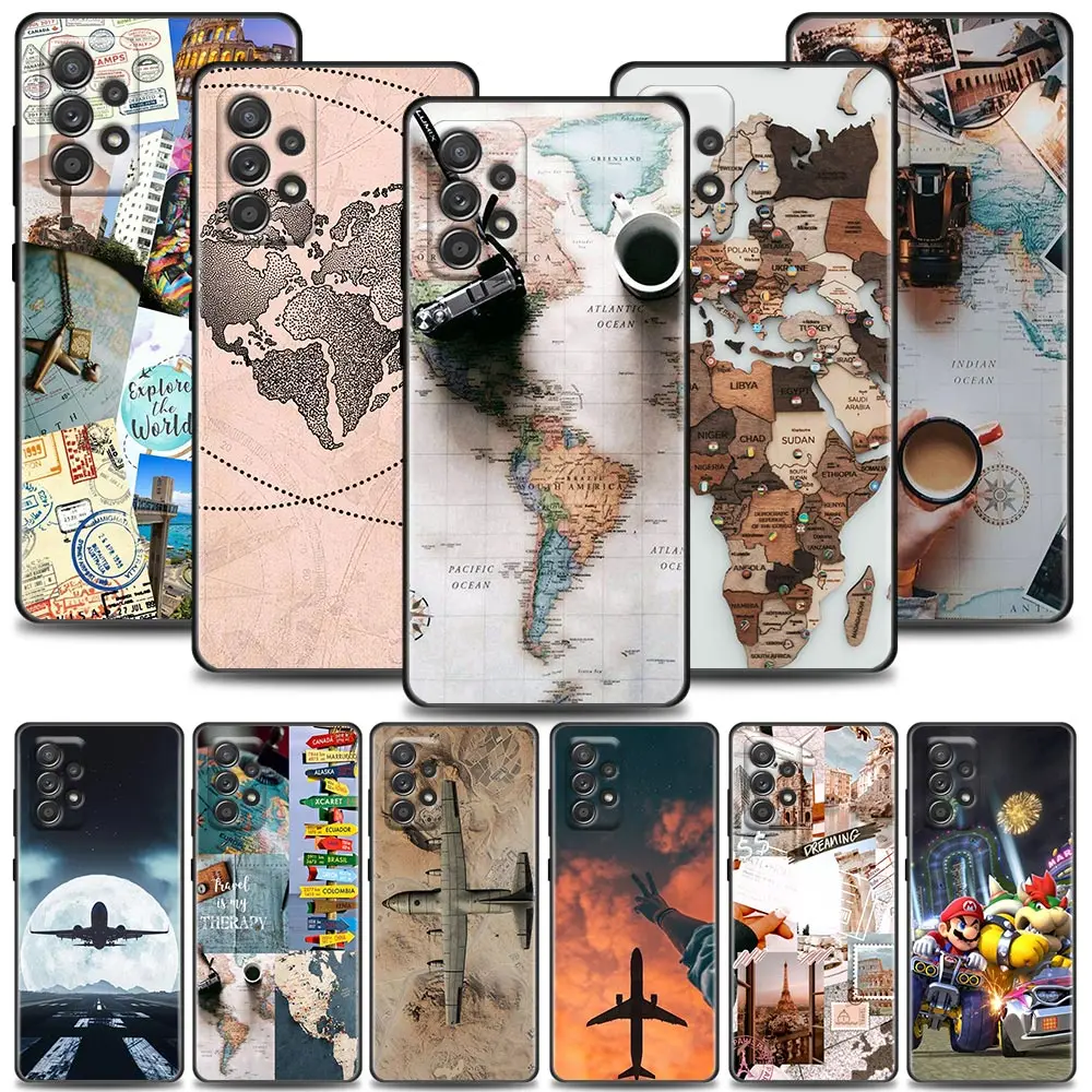 Case For Samsung Galaxy A90 A80 A73 A71 A70 A60 A53 A52 A51 A50 A42 A32 A21S A20S 4G 5G Case W-World M-Map Travel Airplan Plane