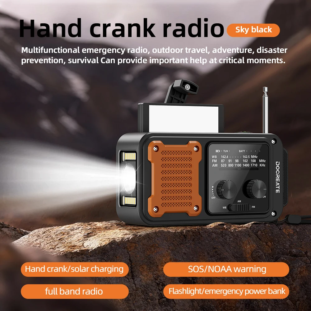 

Многофункциональное аварийное радио FM/AM/WB с ручным приводом, солнечной зарядкой, USB-зарядкой, внешним аккумулятором 2000 мАч и светодиодным фонариком ﻿
